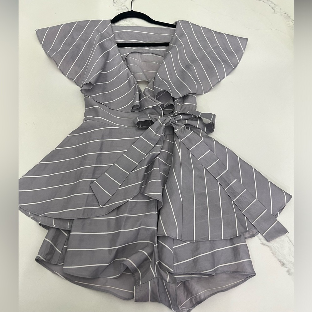 Balance Collection Gray Striped Romper wrap front V neck.